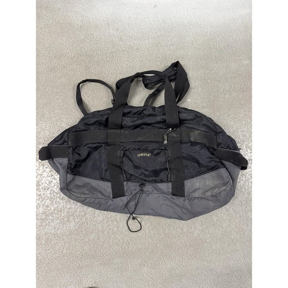 Orvis Large Duffel Bag Black Gray Travel Gym Shoulder Strap Zip Pocket Carry On - Picture 1 of 5